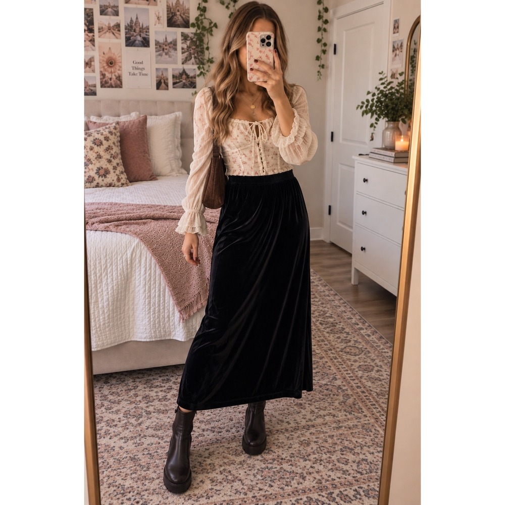 Briggs Black Velour Velvet Midi Skirt Women's Small Petite Pull On Whimsigoth